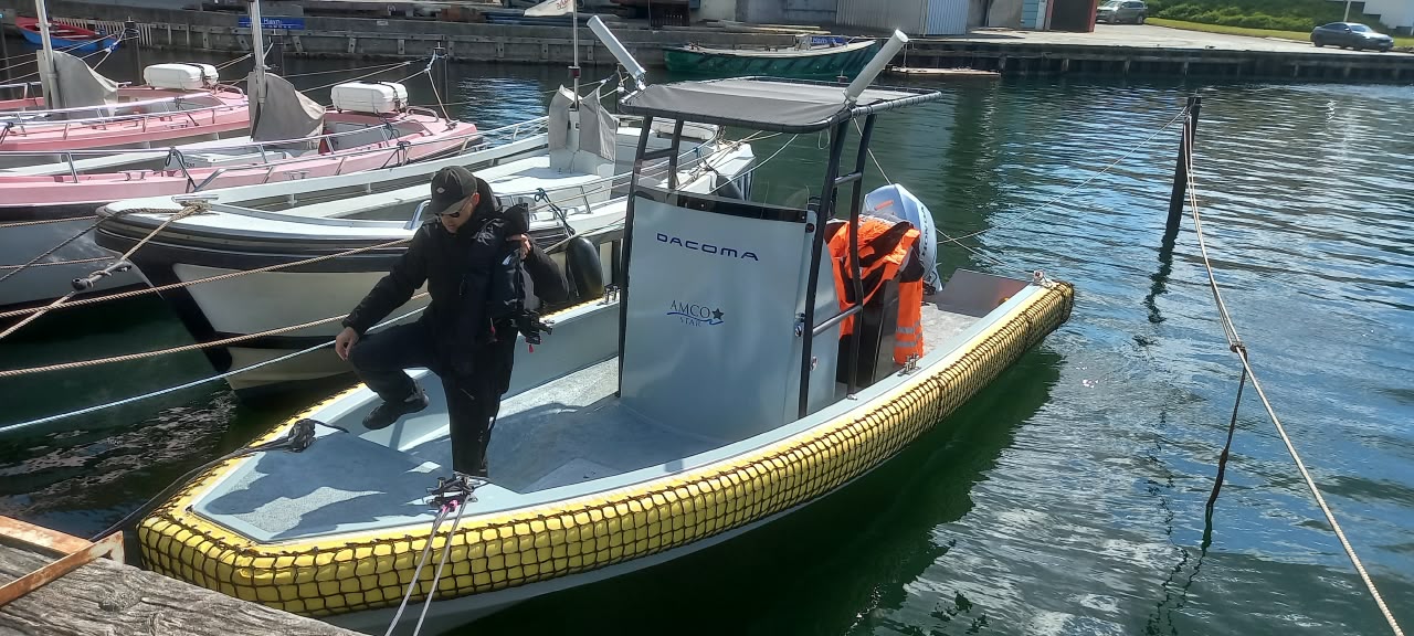 Instrumented demonstration boat moored at Svendborg harbour during maritime trials
