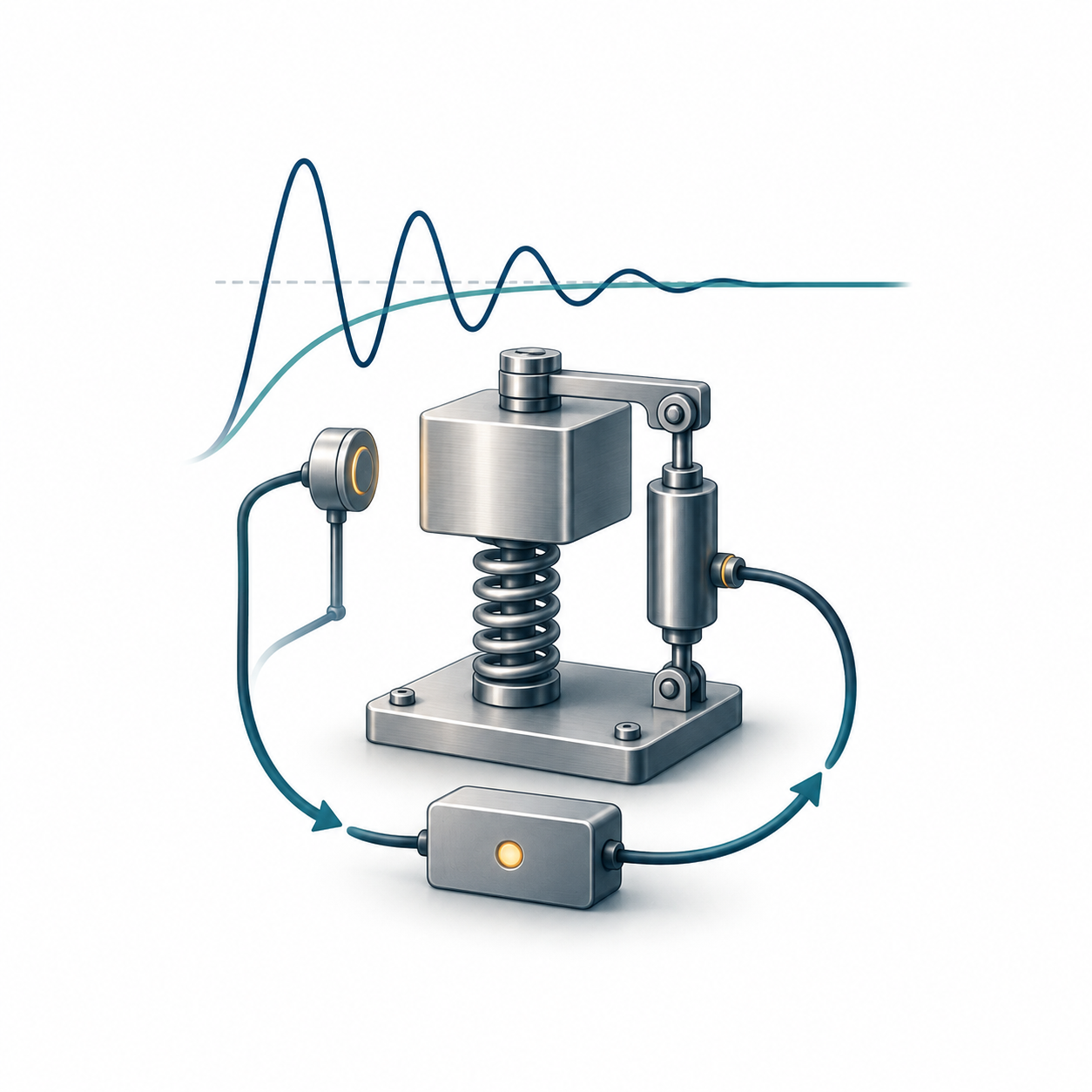 Spring-mass control system with feedback loop and response curves