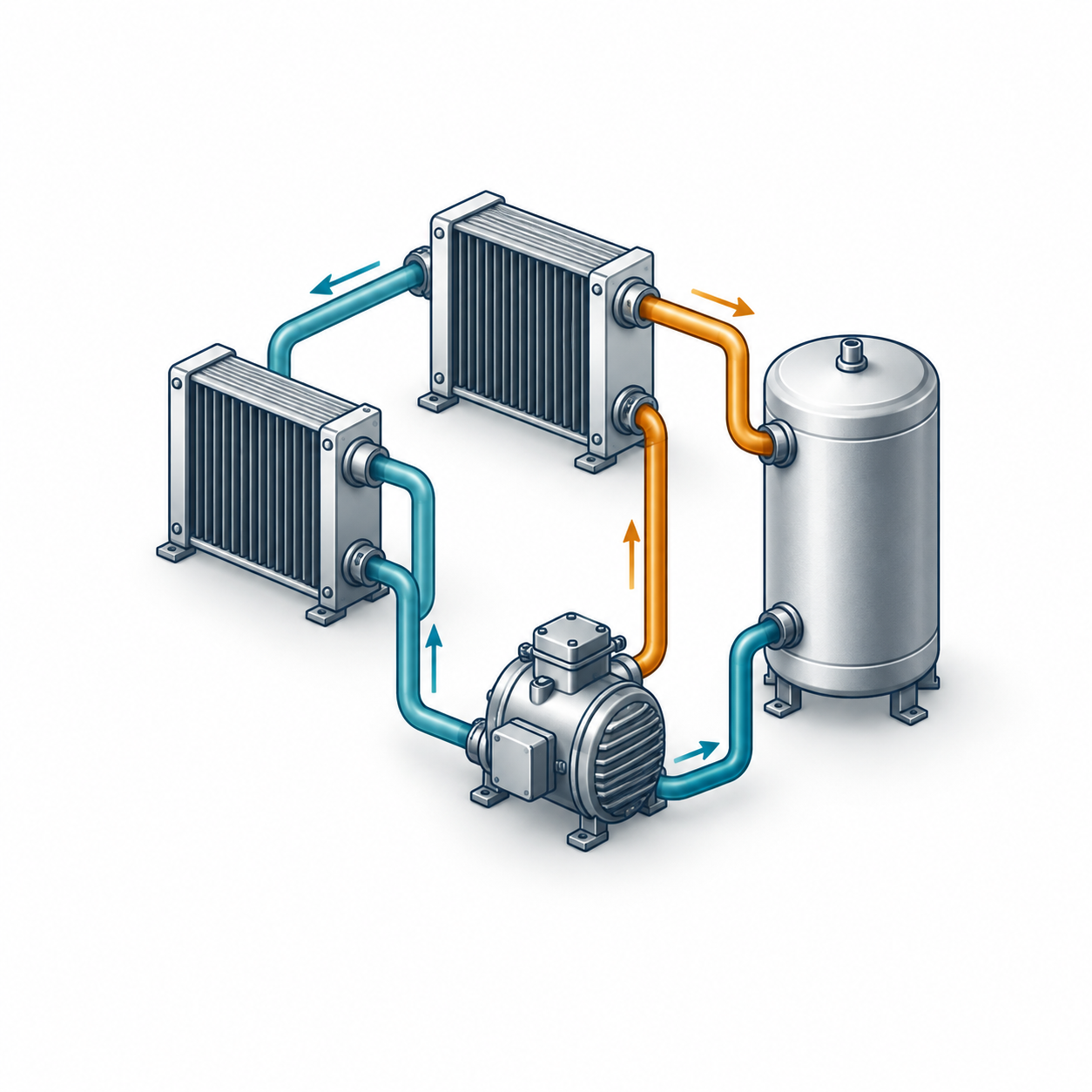 Thermal energy system with compressor, storage tank and heat exchangers
