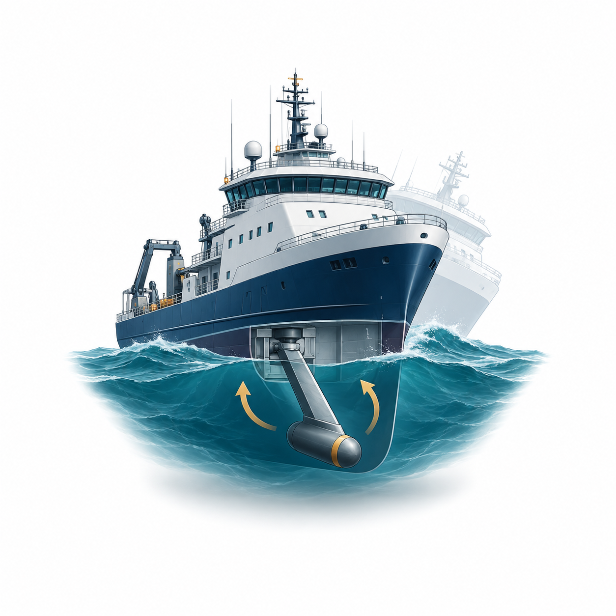 Marine research vessel with an actively controlled stabilising keel