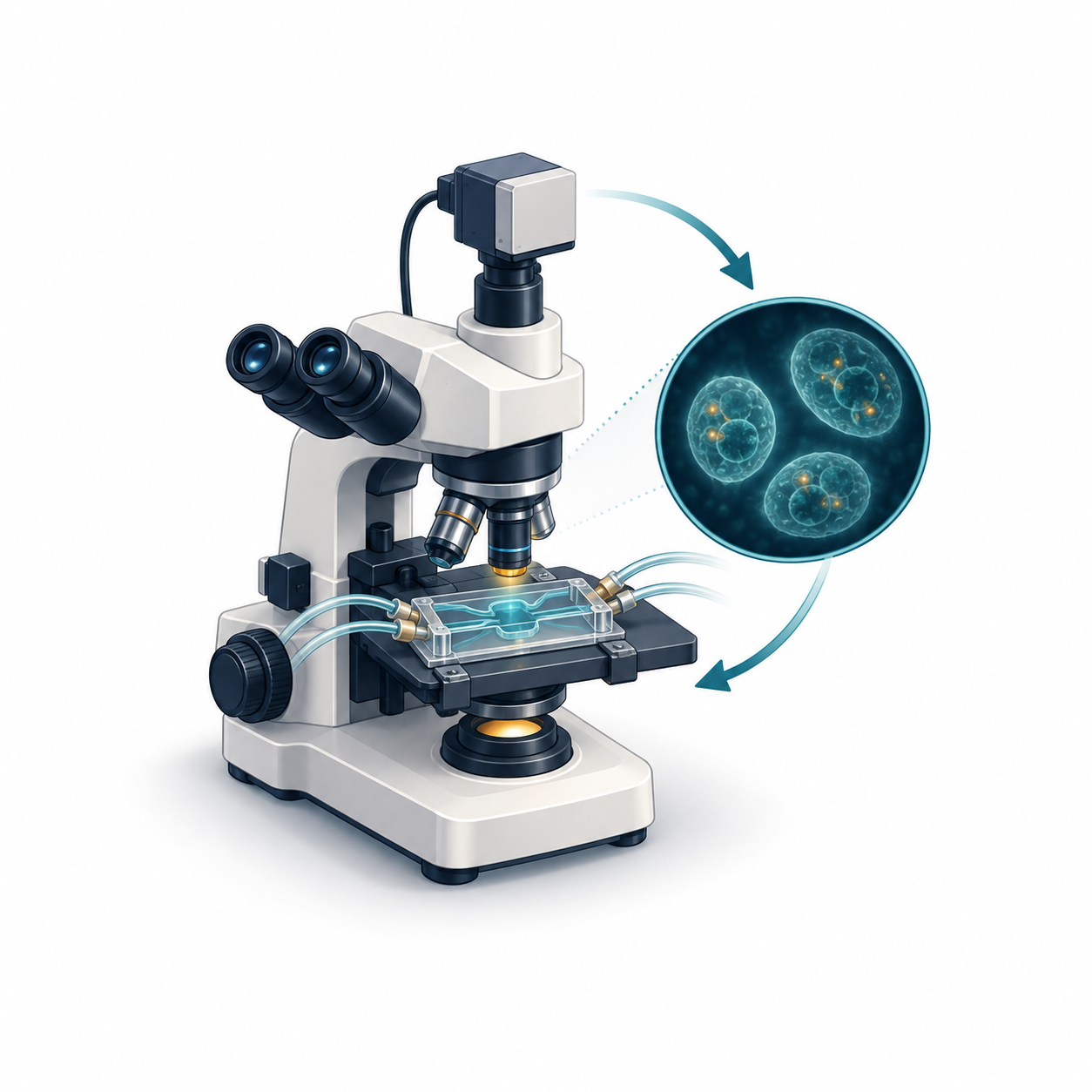 Microscope and microfluidic cell imaging system with feedback arrows