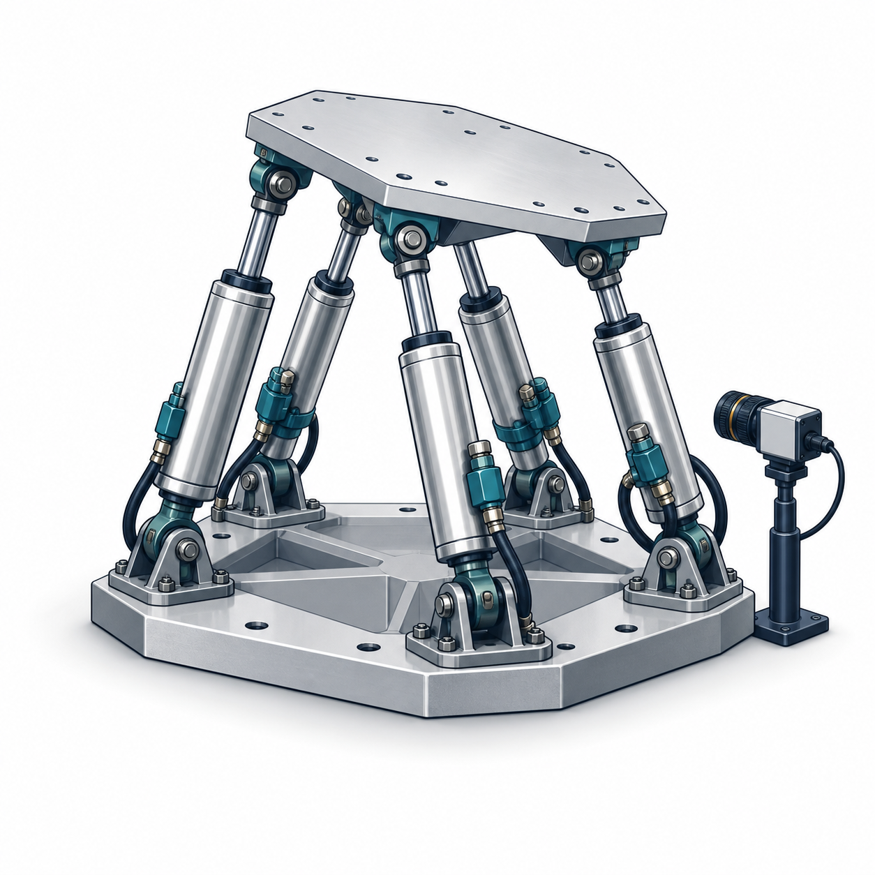Six-axis electrohydraulic Stewart platform with visual sensing camera